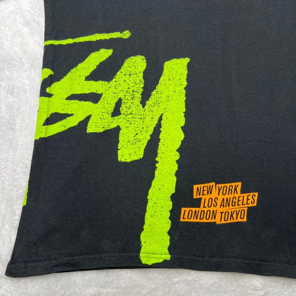 Stussy Old School Graphic T-Shirt Mens XXL Black‎ Neon Green World Tribe Logo